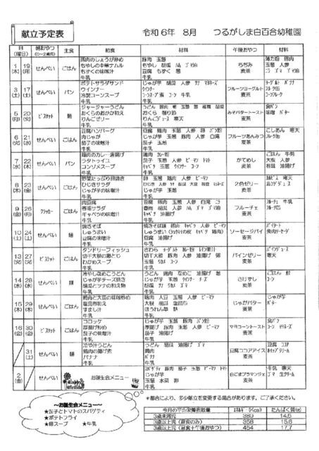 8月の献立表