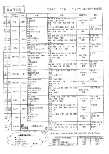 11月の献立表