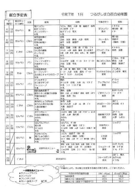 1月の献立表