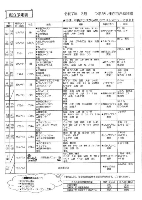 3月の献立表