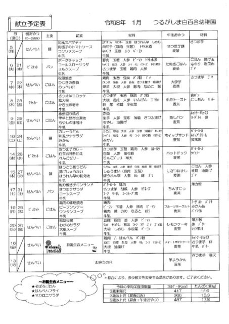 1月の献立表